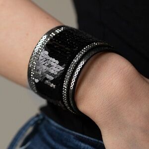 NEW Black & Silver Flip Sequins Suede Cuff Bracelet